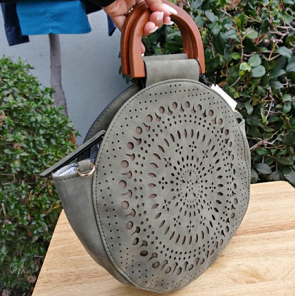 VR NYC Laser Cut Circle Handle Tote Handbag Moss